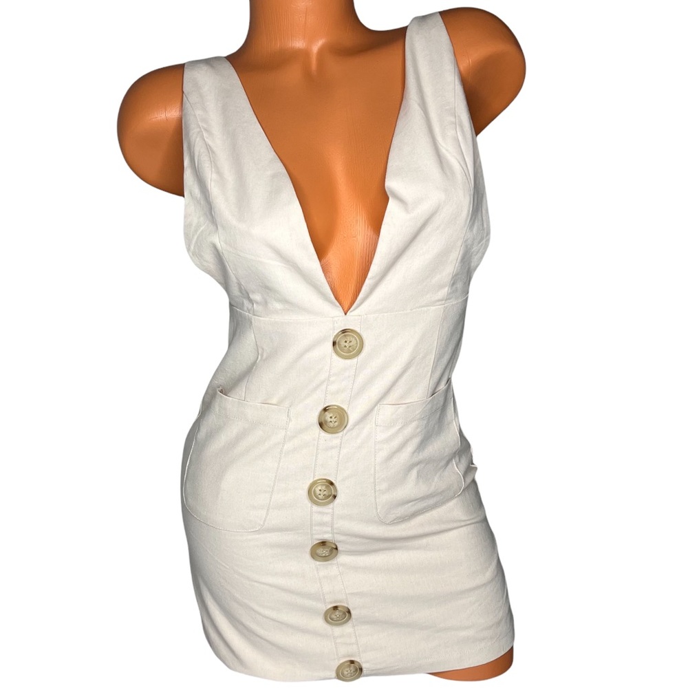 Victoria + Sophia Womens Cream Deep VNeck Linen Blend Mini Dress Size Small